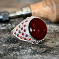 Silver Round Red Agate ( Aqeeq ) Gemstone Man Ring