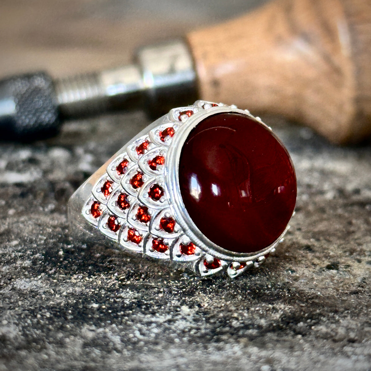 Silver Round Red Agate ( Aqeeq ) Gemstone Man Ring
