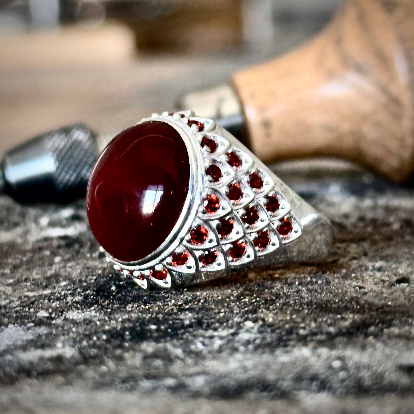 Silver Round Red Agate ( Aqeeq ) Gemstone Man Ring