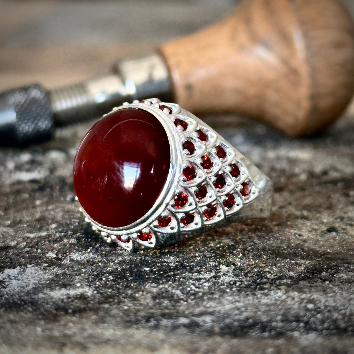 Silver Round Red Agate ( Aqeeq ) Gemstone Man Ring