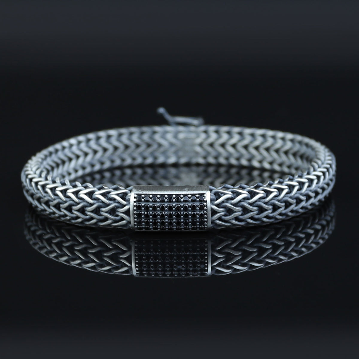 925 Silver Foxtail Onyx Stone Chain Bracelet, 10MM Black Diamond Chain Bracelet, Men Foxtail Chain Bracelet, Black Onyx Stone Bracelet