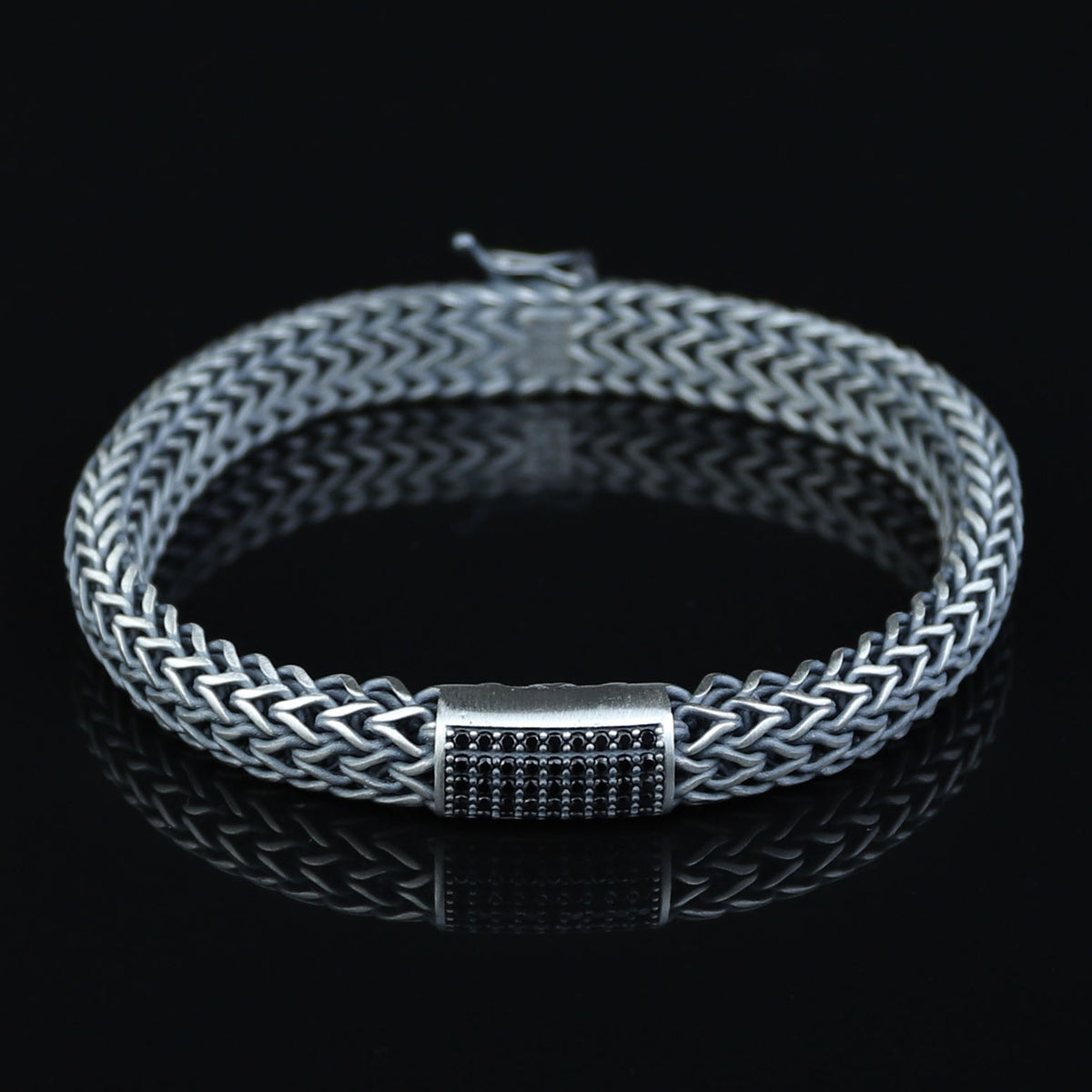 925 Silver Foxtail Onyx Stone Chain Bracelet, 10MM Black Diamond Chain Bracelet, Men Foxtail Chain Bracelet, Black Onyx Stone Bracelet