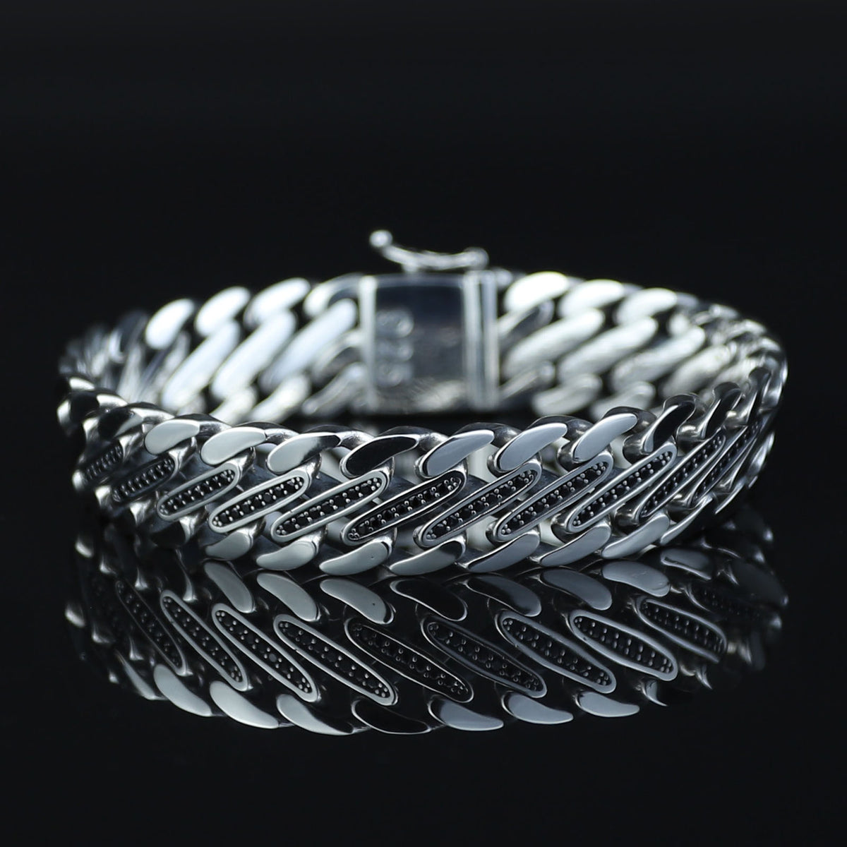 925 Silver Black Onyx Chain Bracelet, 15MM Silver Curb Chain Bracelet, Natural Onyx Gourmet Chain Bracelet