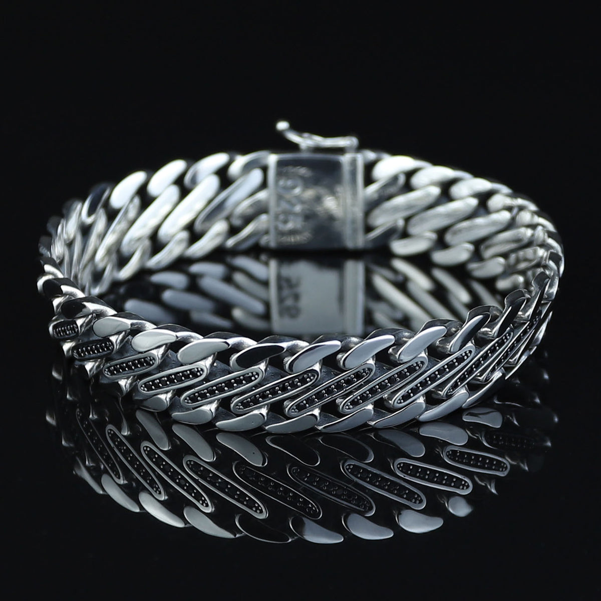 925 Silver Black Onyx Chain Bracelet, 15MM Silver Curb Chain Bracelet, Natural Onyx Gourmet Chain Bracelet