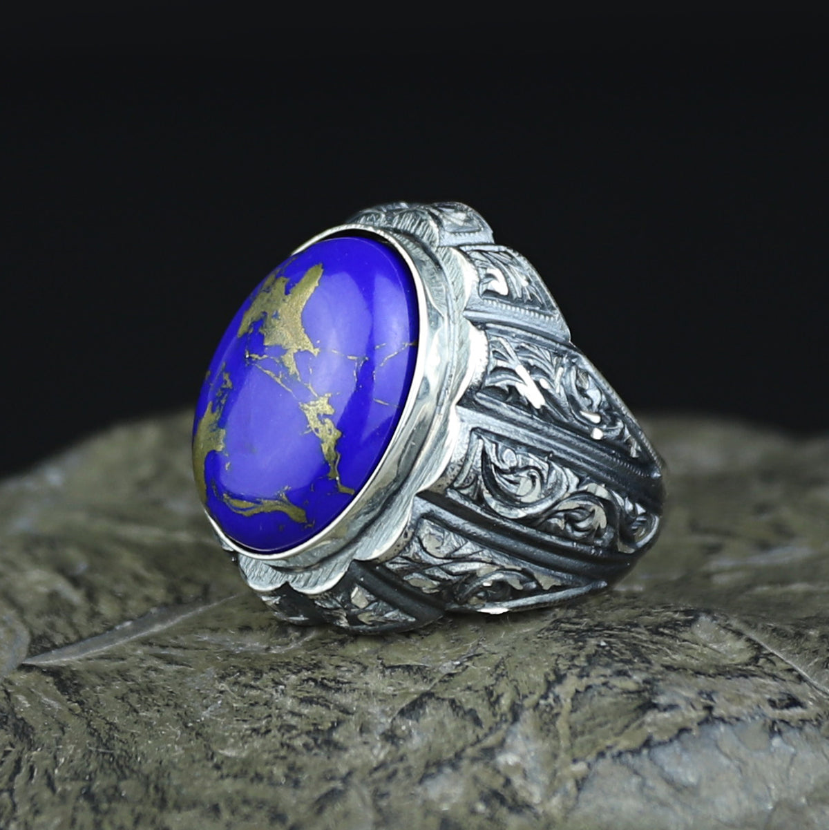 Men Handmade Engraved Natural Lapis Lazuli Gemstone Ottoman Style Ring