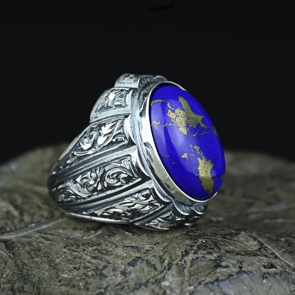 Men Handmade Engraved Natural Lapis Lazuli Gemstone Ottoman Style Ring