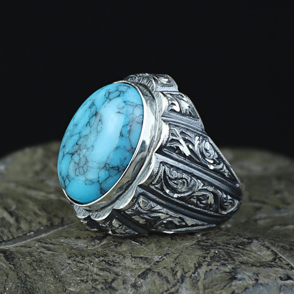 925 Silver Men Handmade Engraved Turkish Ottoman Style Ring
