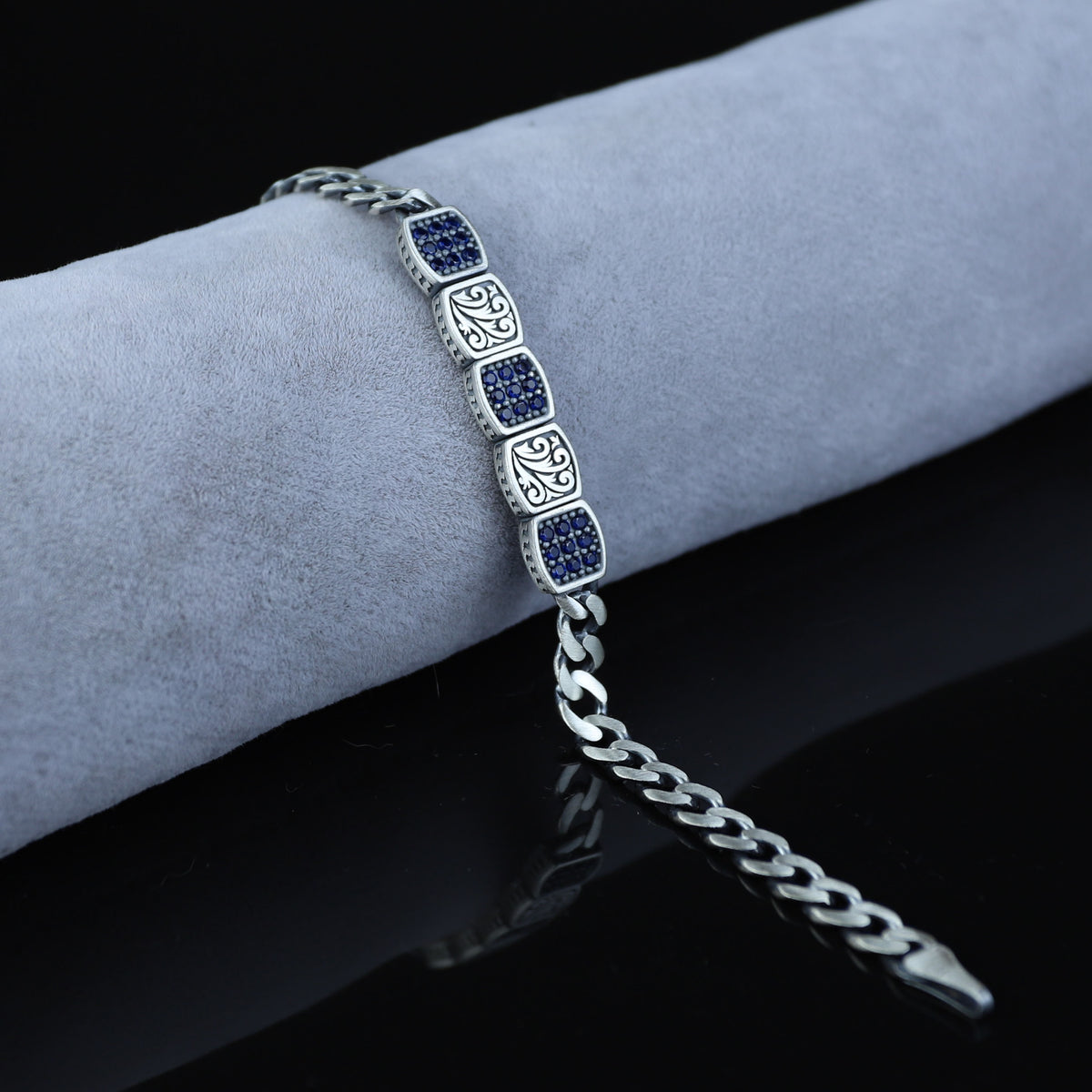 925 Silver Sapphire Stone Curb Chain Bracelet, Mens Blue Gemstone Chain Bracelet, Sapphire Diamond Bracelet, Perfect Gift, Anniversary Gifts