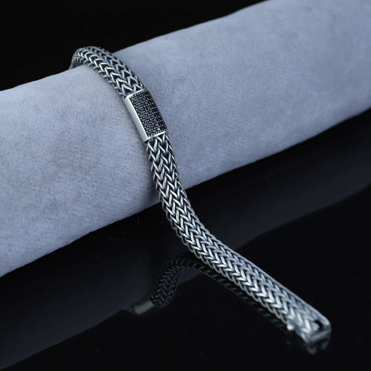 925 Silver Foxtail Onyx Stone Chain Bracelet, 10MM Black Diamond Chain Bracelet, Men Foxtail Chain Bracelet, Black Onyx Stone Bracelet