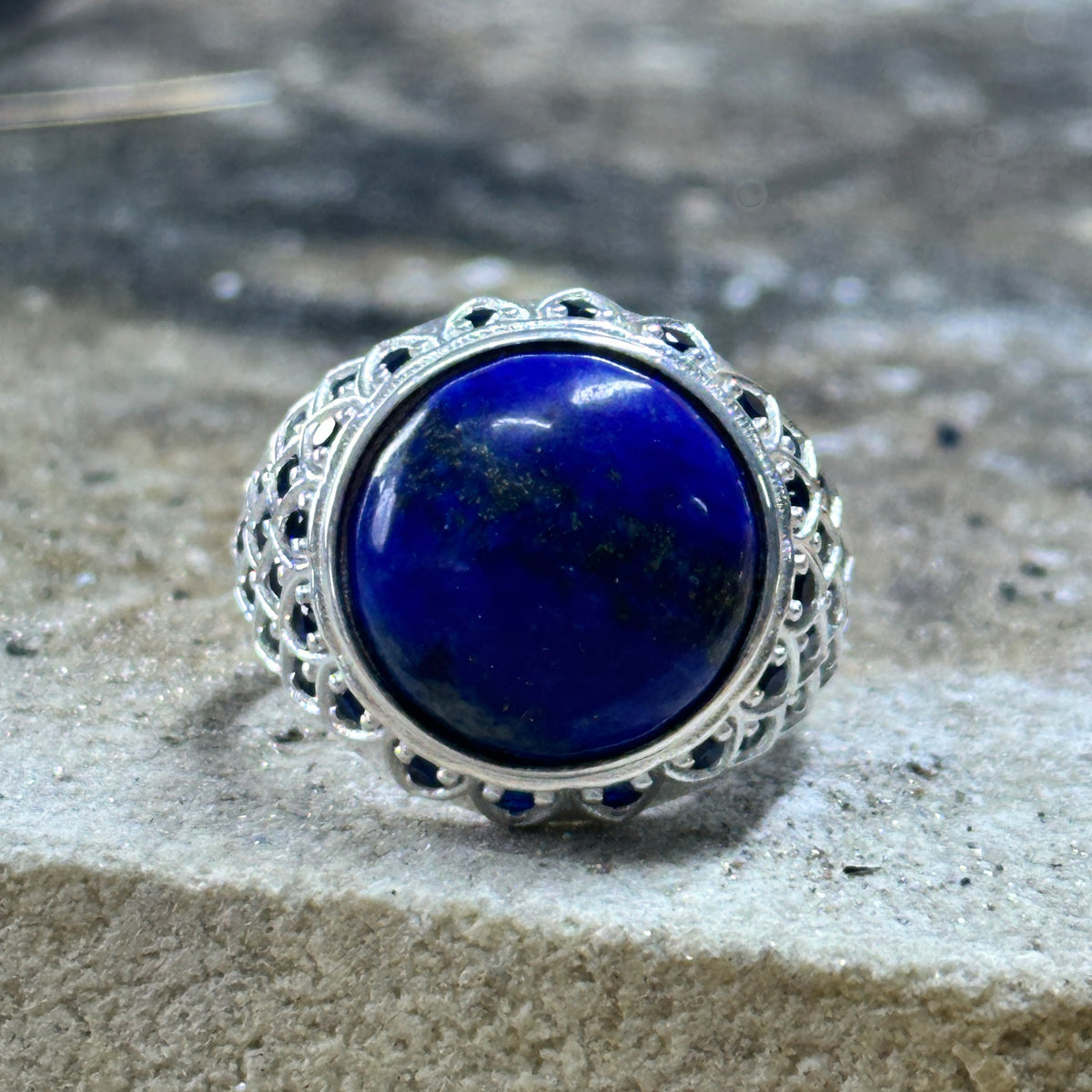 Sterling Silber 925 Massiv mit rundem Lapislazuli Edelstein Osmanischer Herrenring