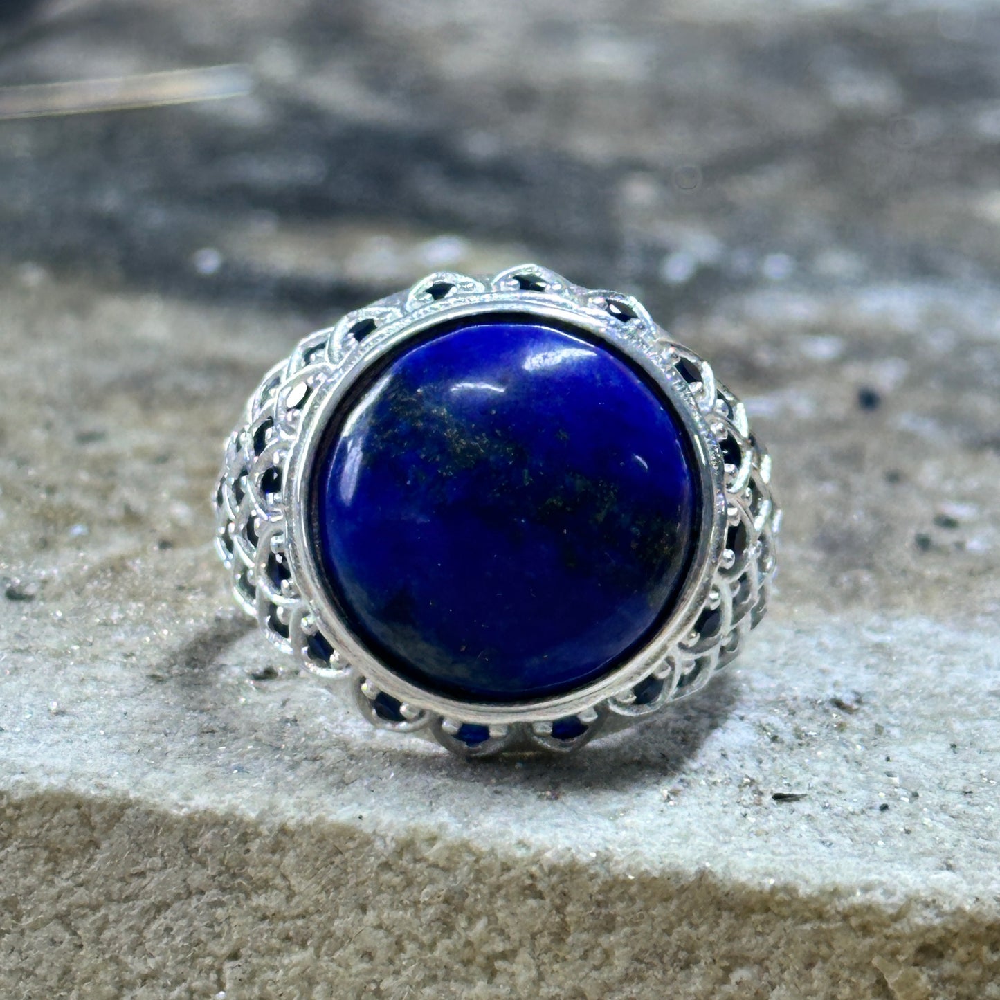 Sterling Silver 925 Solid With Round Lapis Lazuli Gemstone Ottoman Style Men Ring