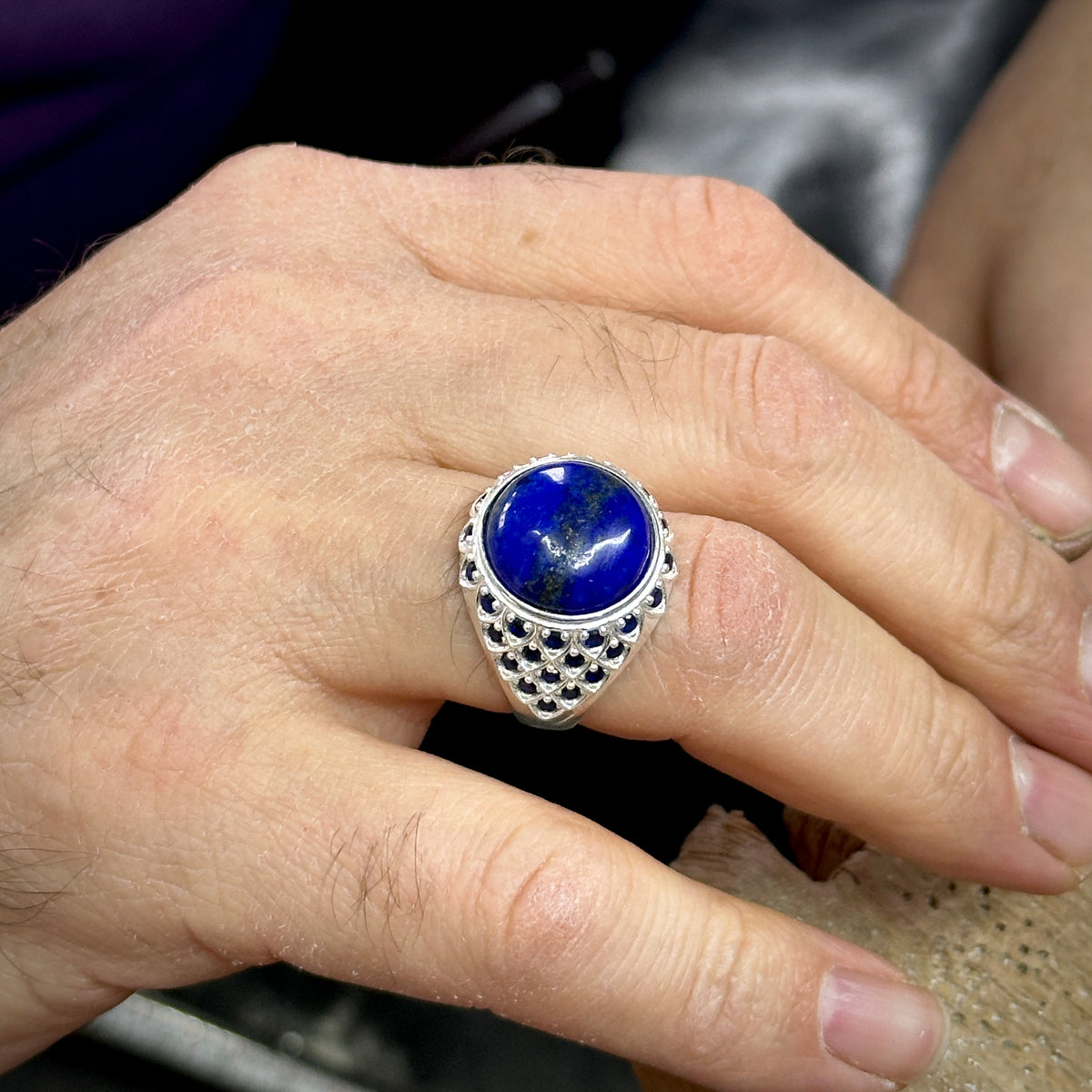 Sterling Silber 925 Massiv mit rundem Lapislazuli Edelstein Osmanischer Herrenring