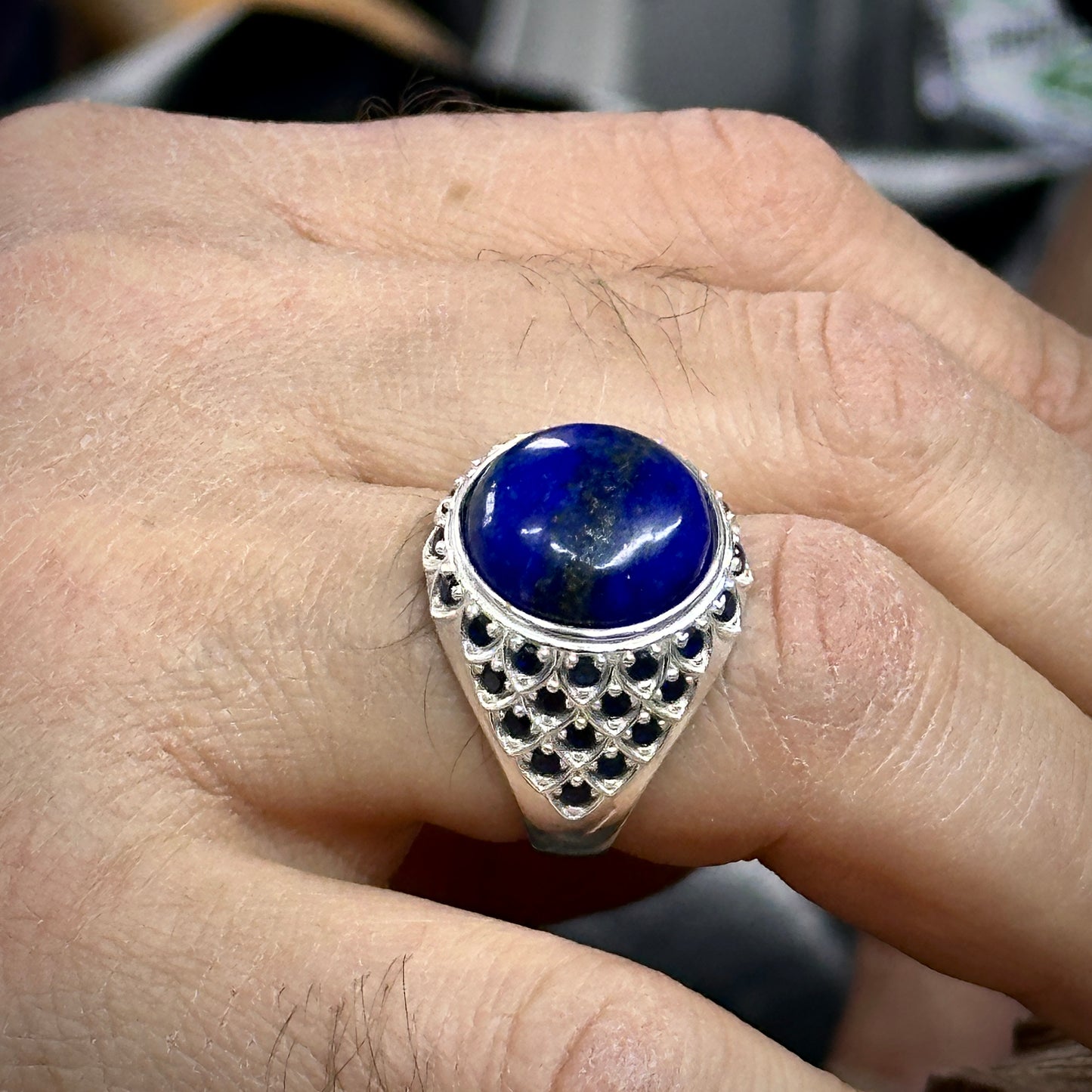 Sterling Silver 925 Solid With Round Lapis Lazuli Gemstone Ottoman Style Men Ring
