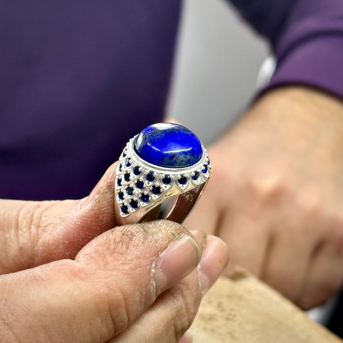 Sterling Silber 925 Massiv mit rundem Lapislazuli Edelstein Osmanischer Herrenring