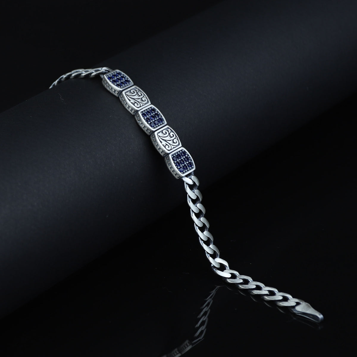 925 Silver Sapphire Stone Curb Chain Bracelet, Mens Blue Gemstone Chain Bracelet, Sapphire Diamond Bracelet, Perfect Gift, Anniversary Gifts