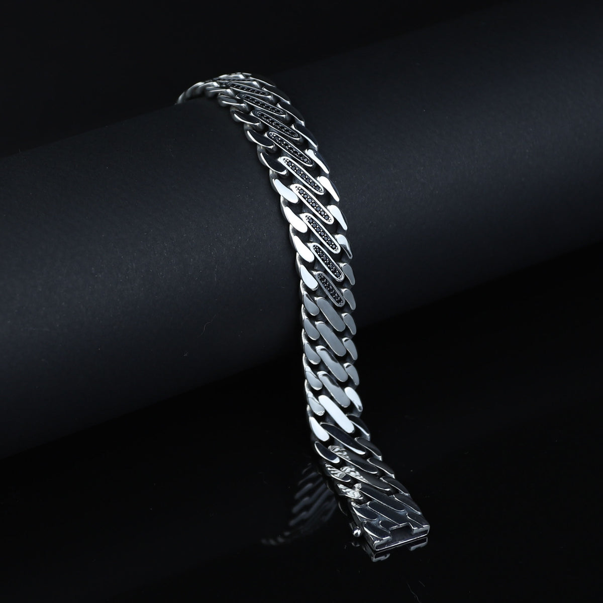 925 Silver Black Onyx Chain Bracelet, 15MM Silver Curb Chain Bracelet, Natural Onyx Gourmet Chain Bracelet