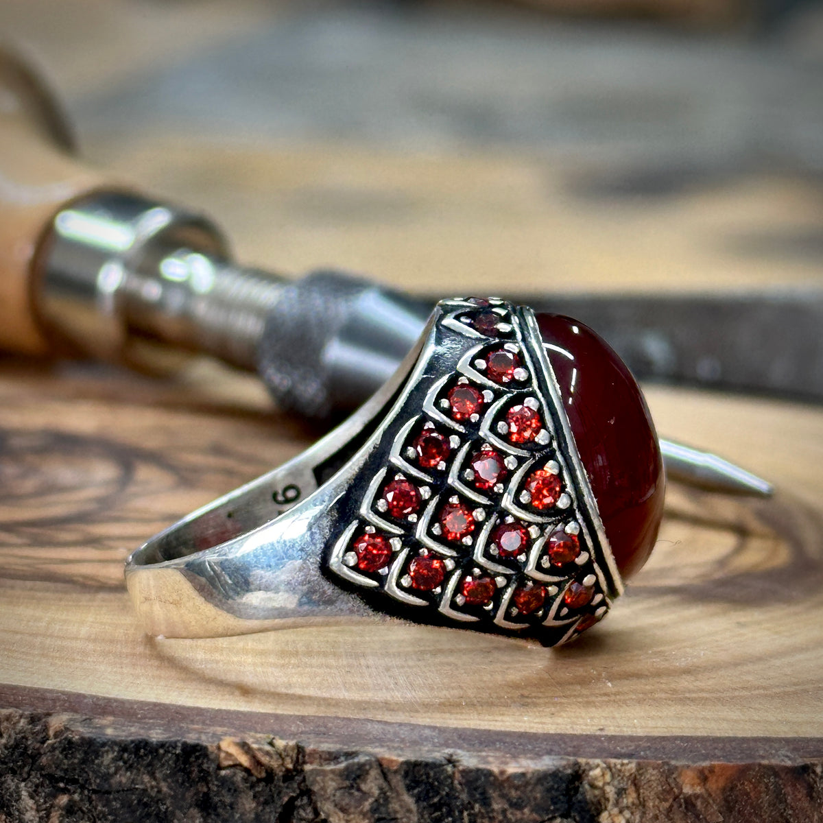 Men Handmade Round Agate ( Aqeeq ) Gemstone Micro Stone Ring