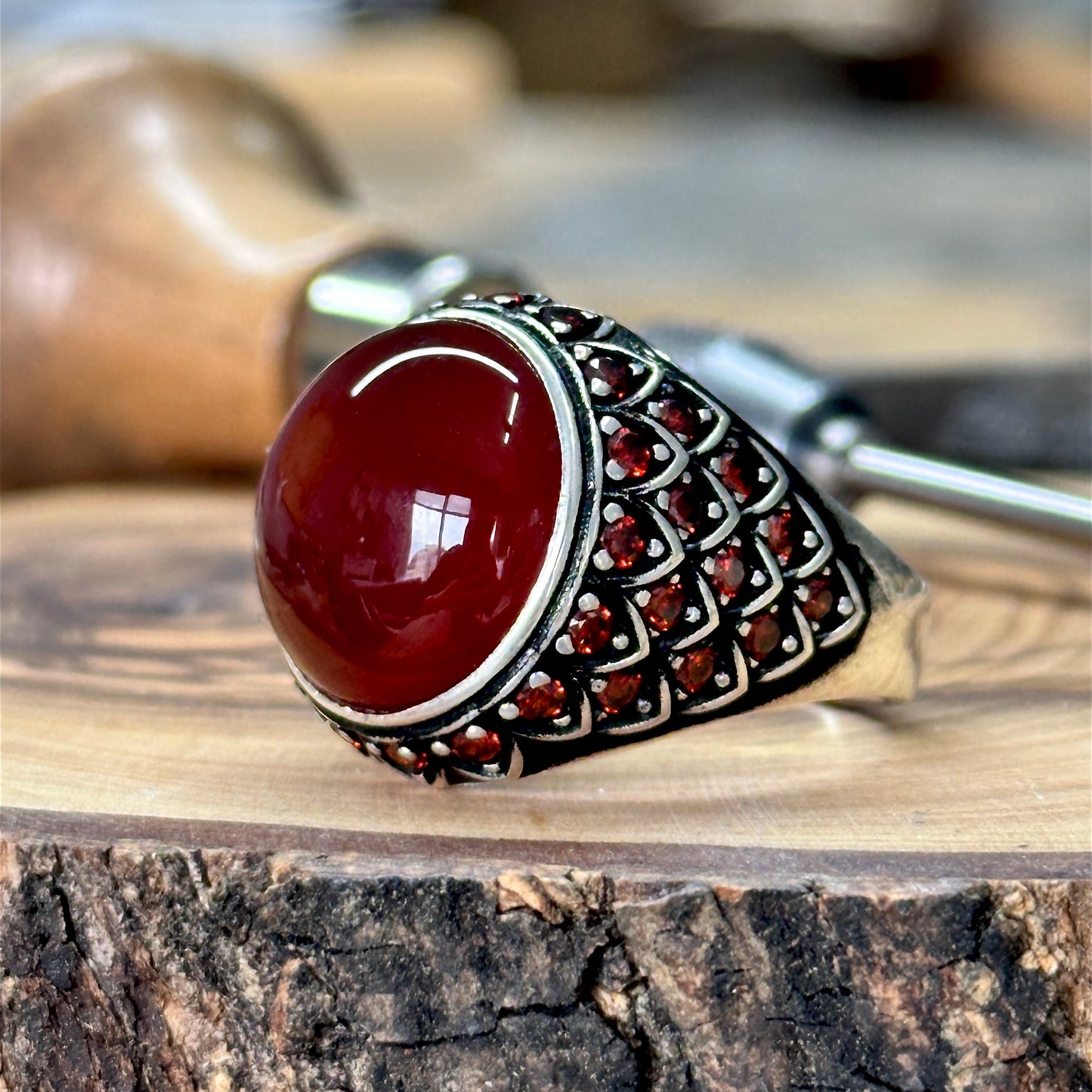 Men Handmade Round Agate ( Aqeeq ) Gemstone Micro Stone Ring