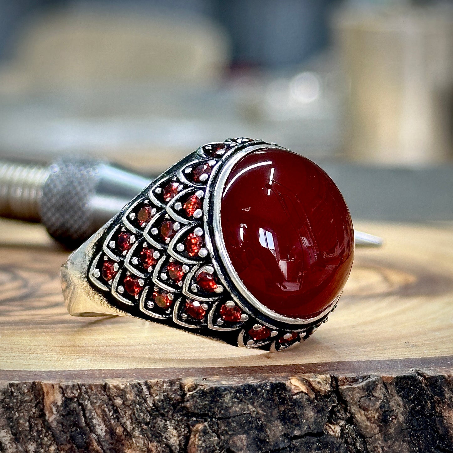 Men Handmade Round Agate ( Aqeeq ) Gemstone Micro Stone Ring