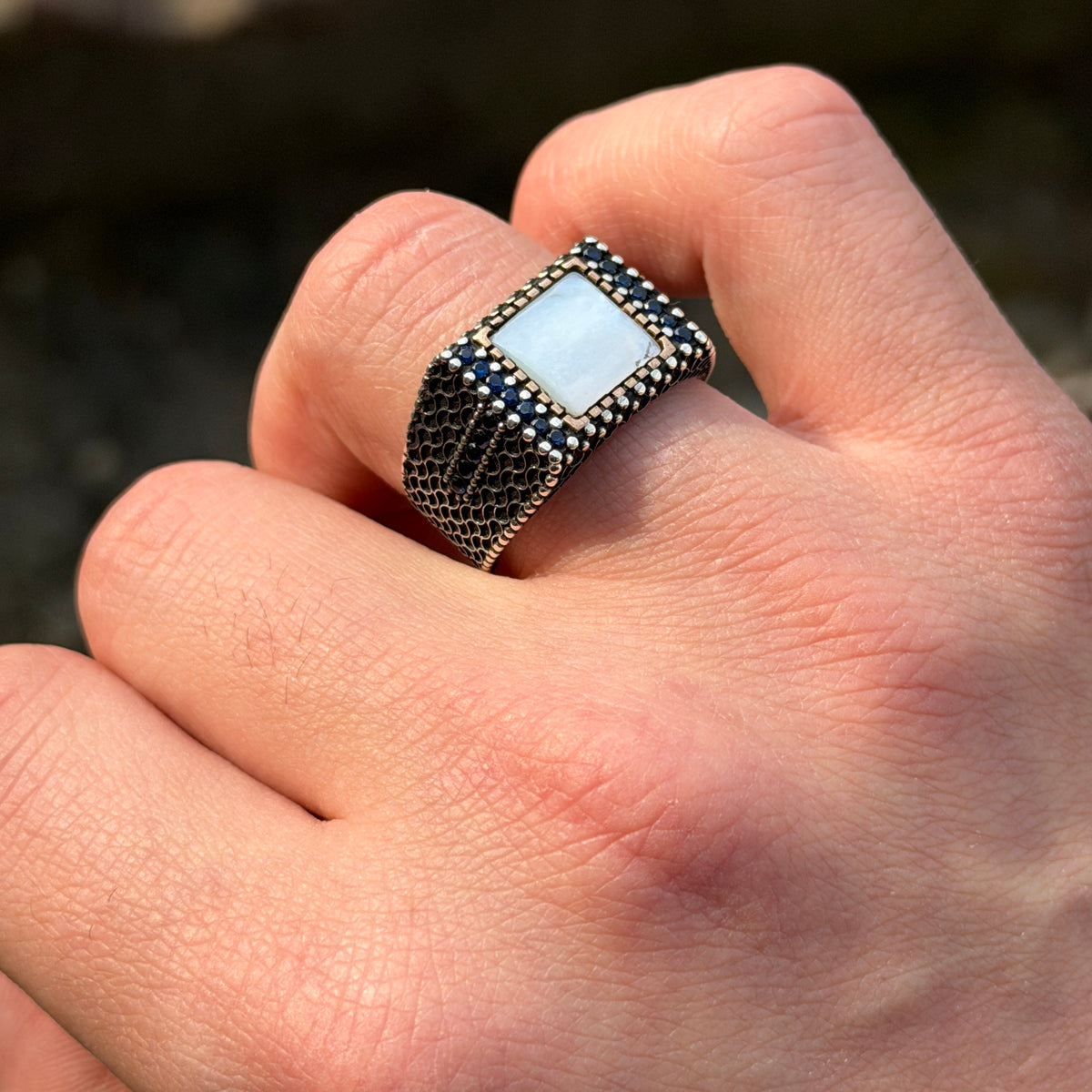 925 Sterling Silver Square Mother Of Pearl Gemstone Signet Ring