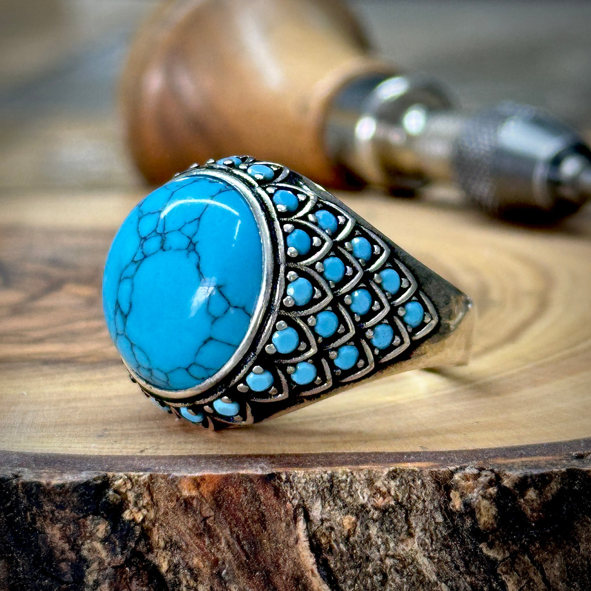 Anillo de plata de ley 925 con piedra preciosa turquesa redonda y micropiedra preciosa para hombre