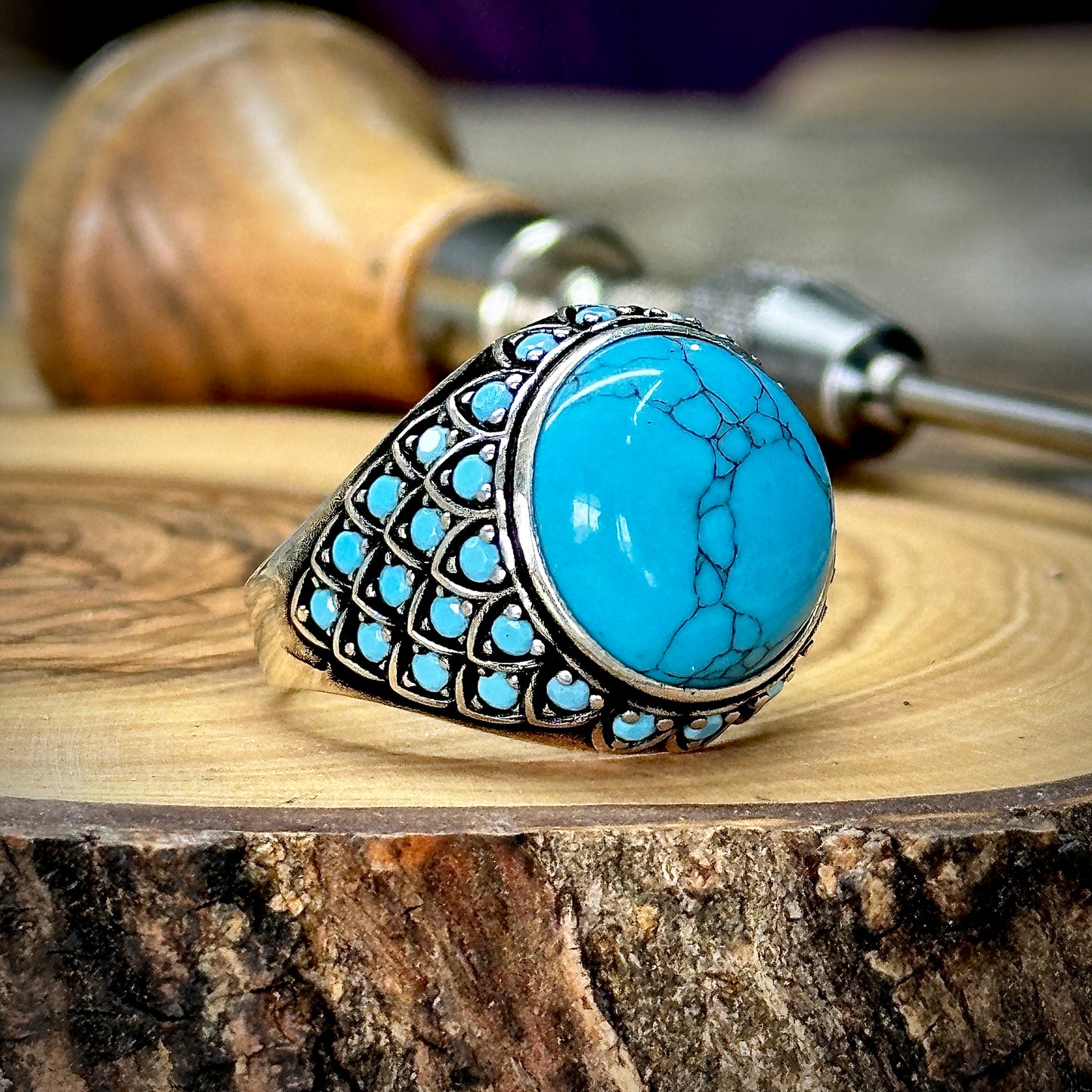 925 Sterling Silver Round Turquoise Gemstone With Micro Gemstone Men Ring