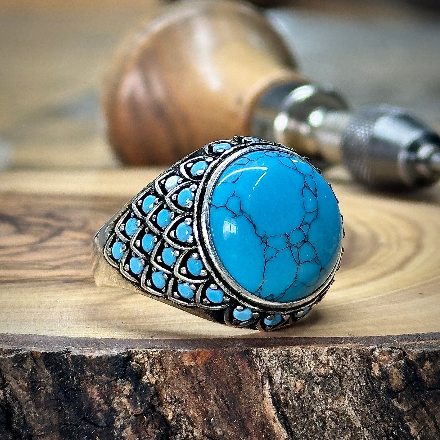 925 Sterling Silver Round Turquoise Gemstone With Micro Gemstone Men Ring