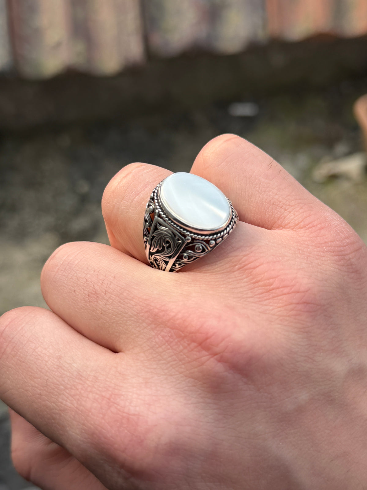 925 Men Sterling Silver Mother Of Pearl Gemstone Signet Ring