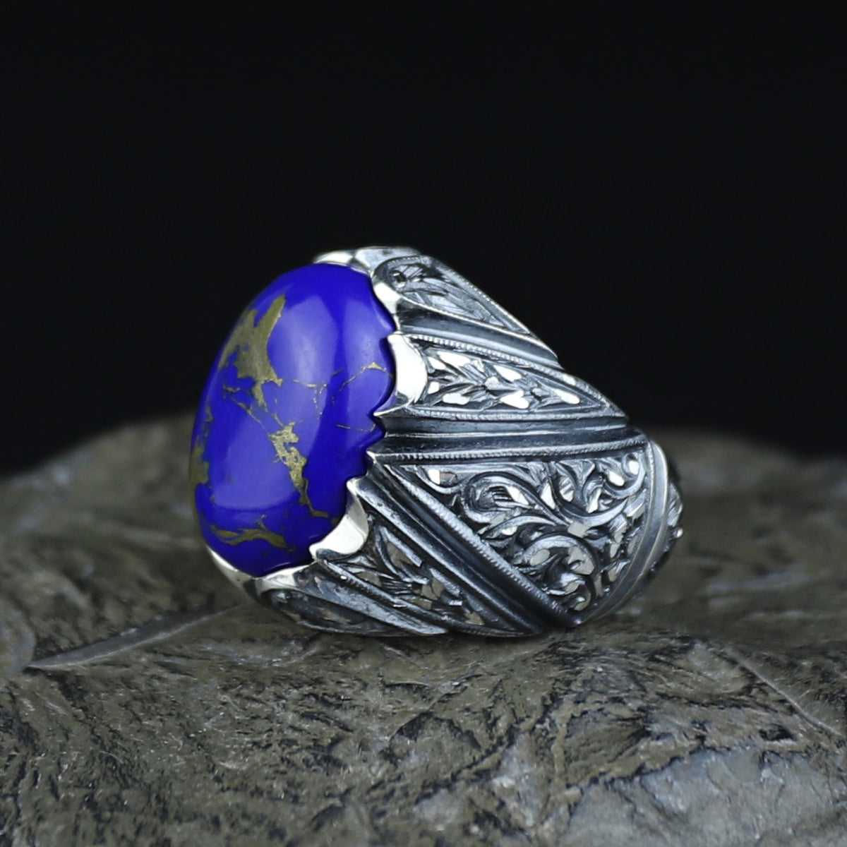 Men Handmade Turkish Engraved Blue Lapis Lazuli Gemstone Silver Ring