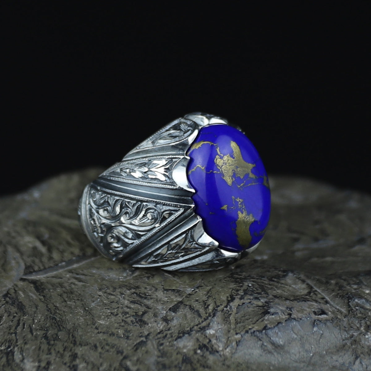 Men Handmade Turkish Engraved Blue Lapis Lazuli Gemstone Silver Ring