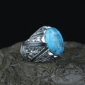 Men Handmade Sterling Silver Oval Floral Engraved Turquoise Gemstone Ring