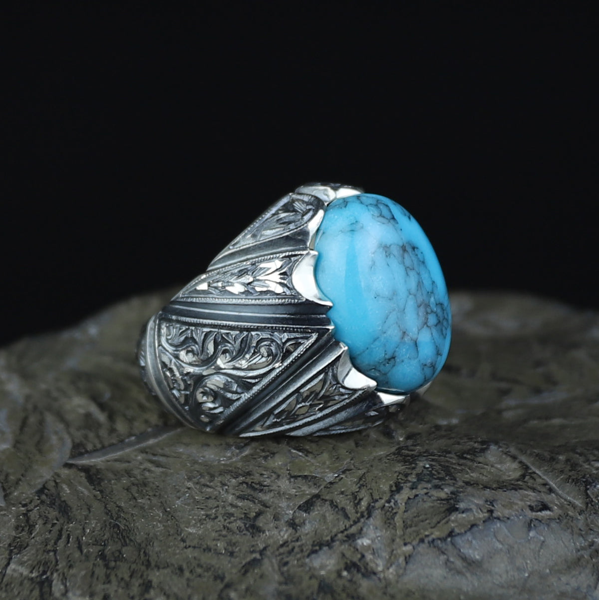 Men Handmade Sterling Silver Oval Floral Engraved Turquoise Gemstone Ring