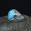Men Handmade Sterling Silver Oval Floral Engraved Turquoise Gemstone Ring