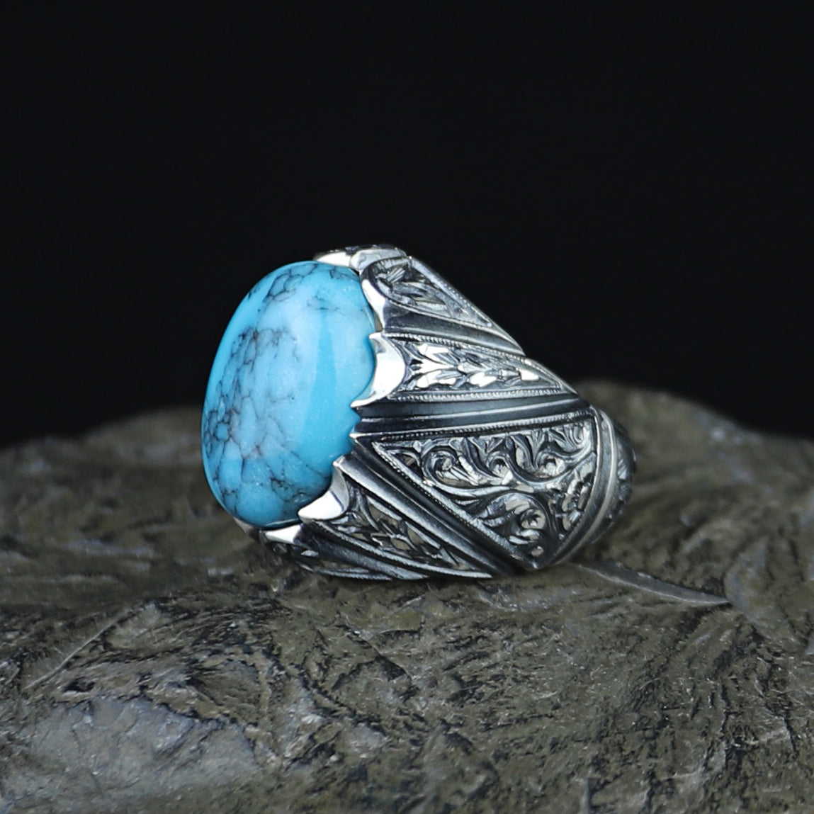 Men Handmade Sterling Silver Oval Floral Engraved Turquoise Gemstone Ring
