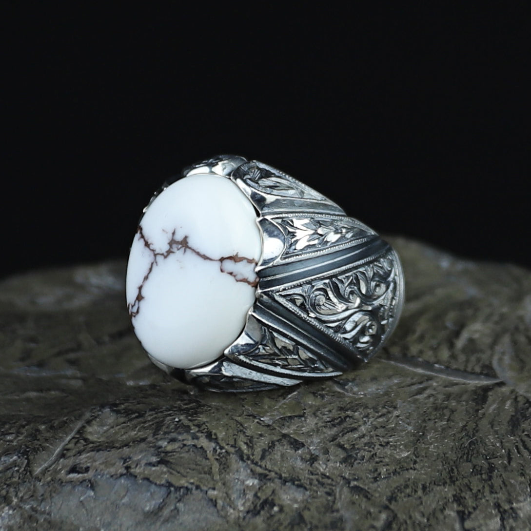 Men Handmade Buffalo Turquoise Gemstone Engraved Ring