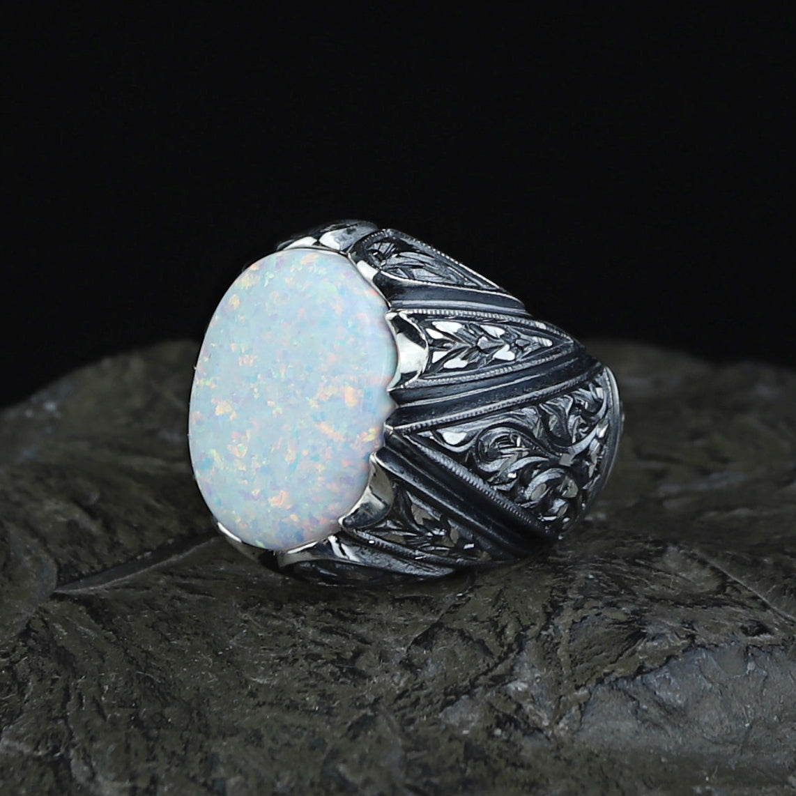 925 Men Handmade White Fire Opal Gemstone Turkish Engraved Ring