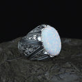 925 Men Handmade White Fire Opal Gemstone Turkish Engraved Ring