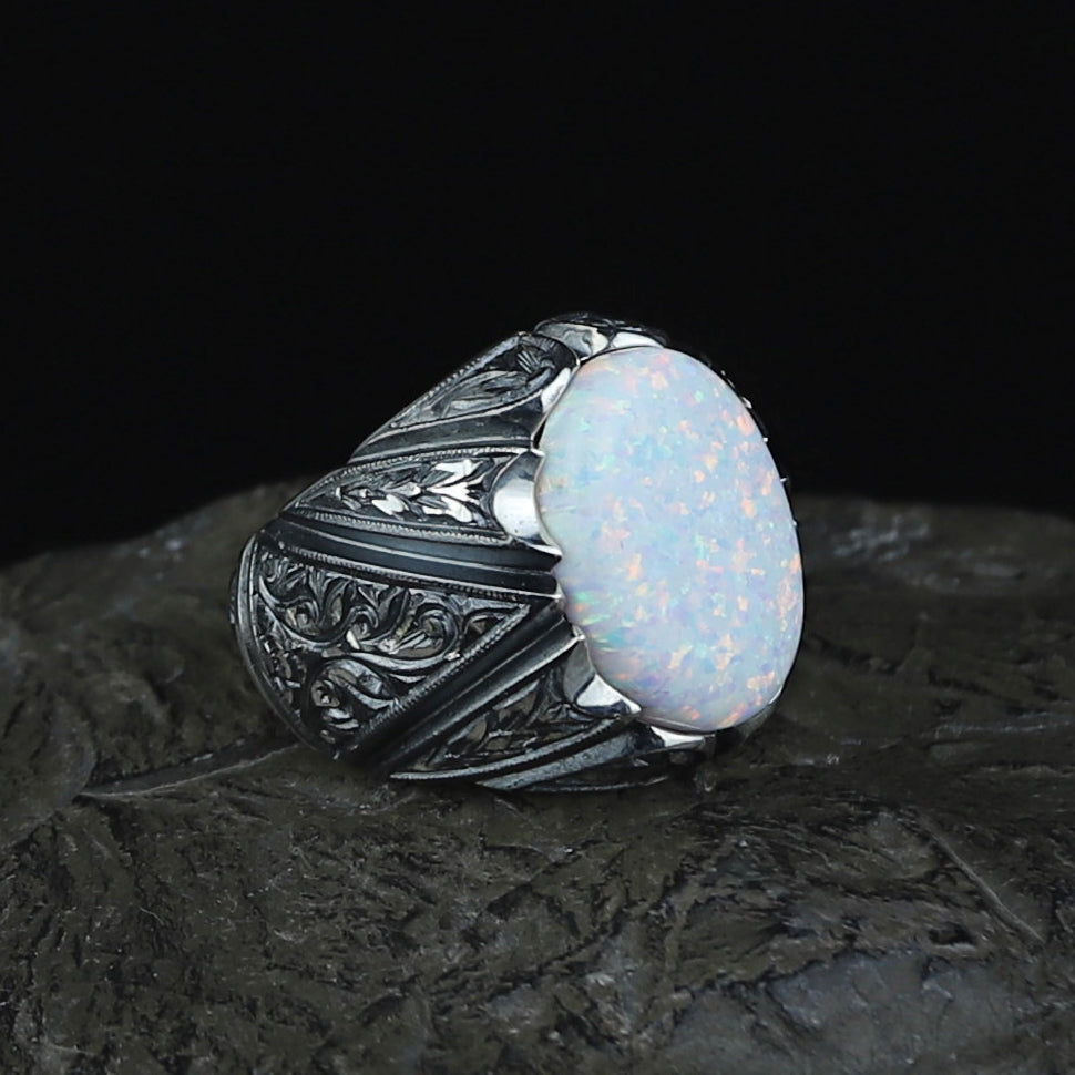 925 Men Handmade White Fire Opal Gemstone Turkish Engraved Ring
