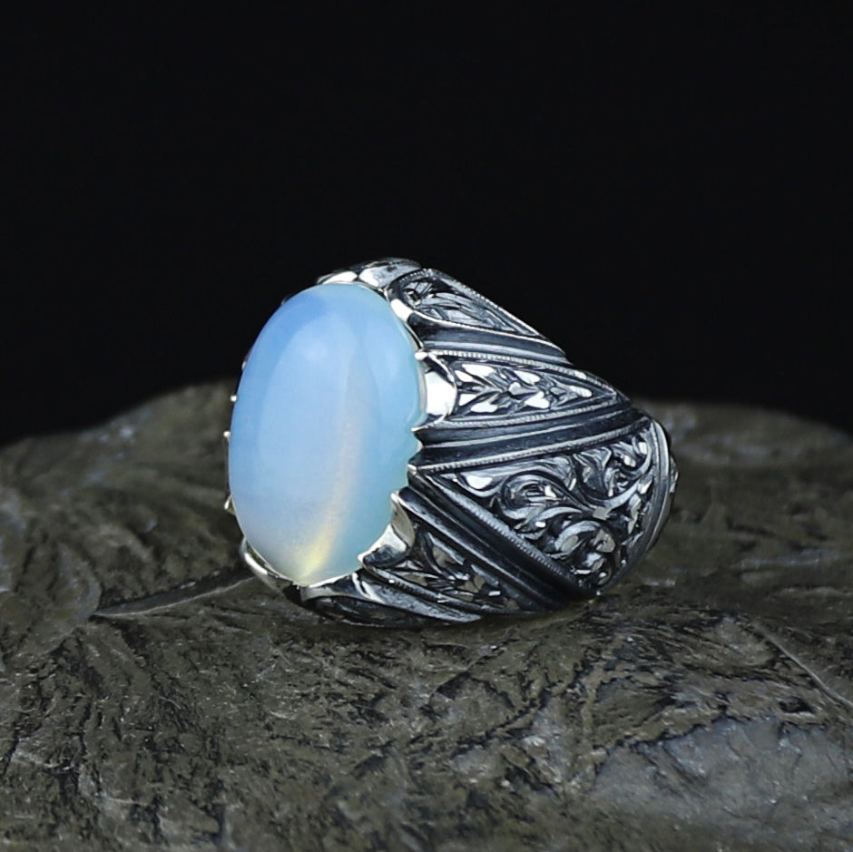 Men Handmade Rainbow Moonstone Engraved Turkish Handmade Ring