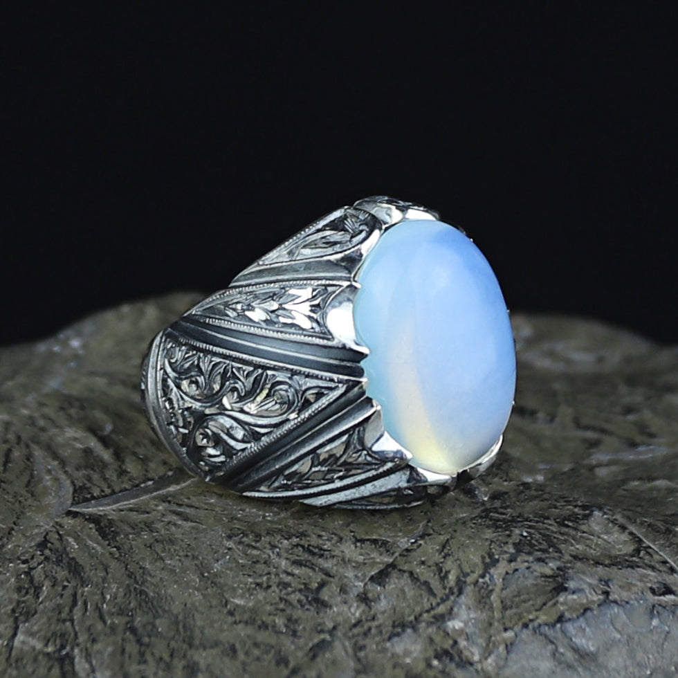 Men Handmade Rainbow Moonstone Engraved Turkish Handmade Ring