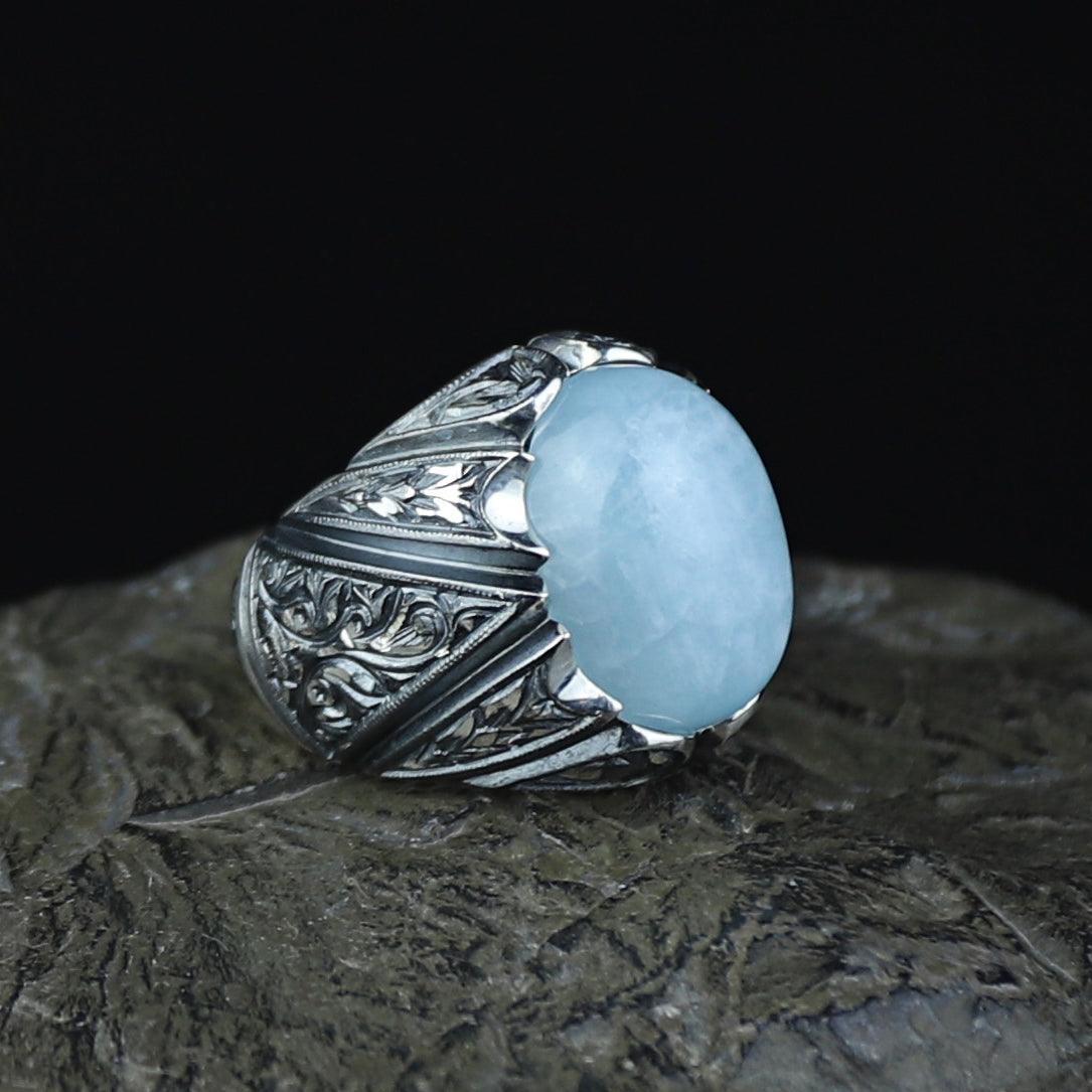 925 Men Handmade Silver Natural Aquamarine Gemstone Ring