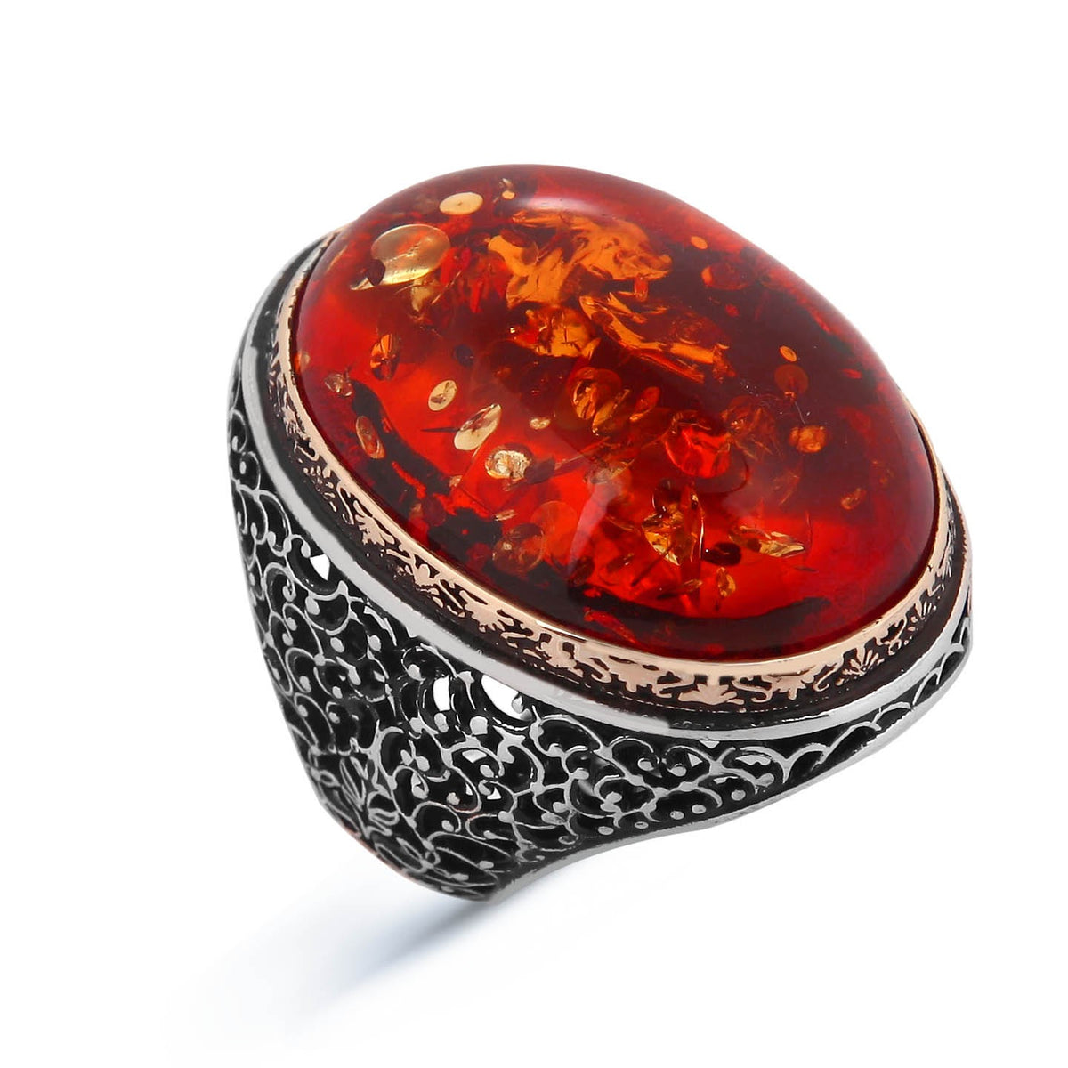 Silver Handmade Large Amber Stone Ring