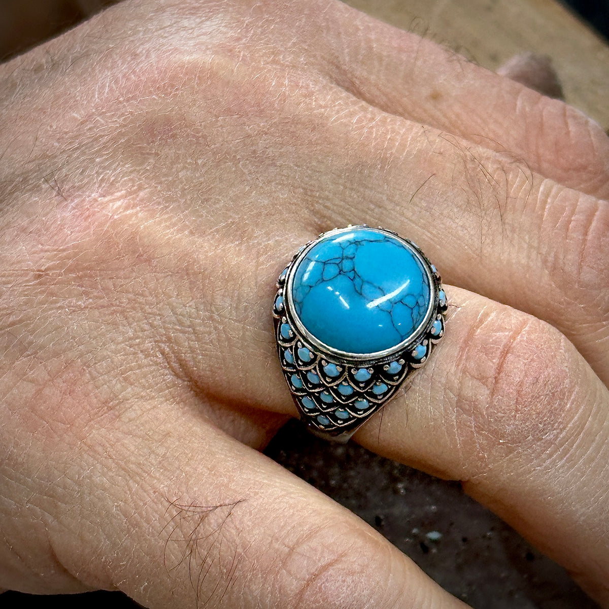 Anillo de plata de ley 925 con piedra preciosa turquesa redonda y micropiedra preciosa para hombre