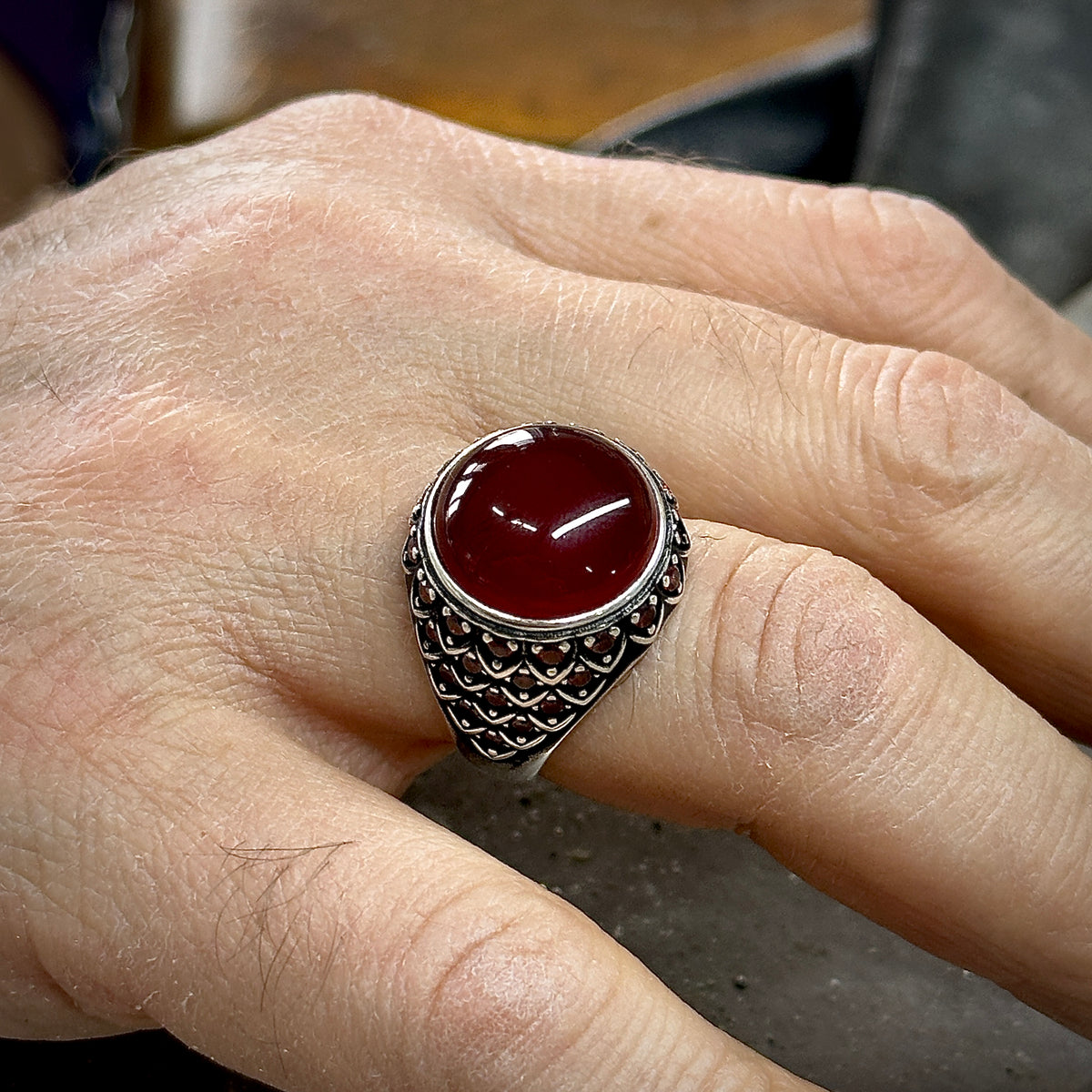 Men Handmade Round Agate ( Aqeeq ) Gemstone Micro Stone Ring