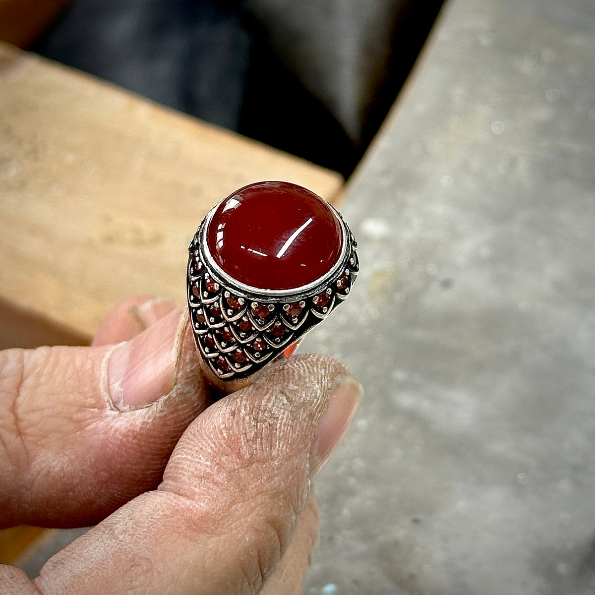 Men Handmade Round Agate ( Aqeeq ) Gemstone Micro Stone Ring