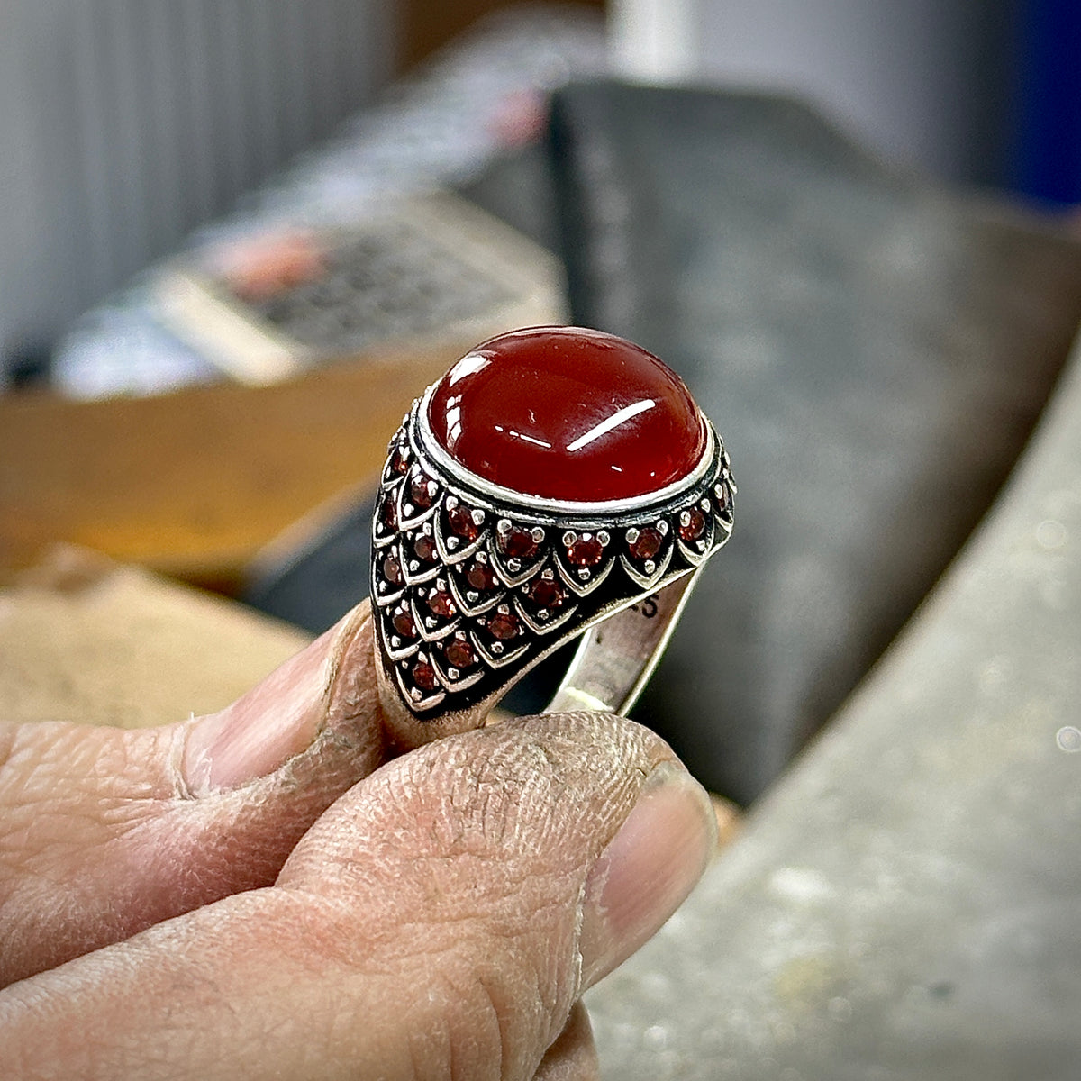 Men Handmade Round Agate ( Aqeeq ) Gemstone Micro Stone Ring