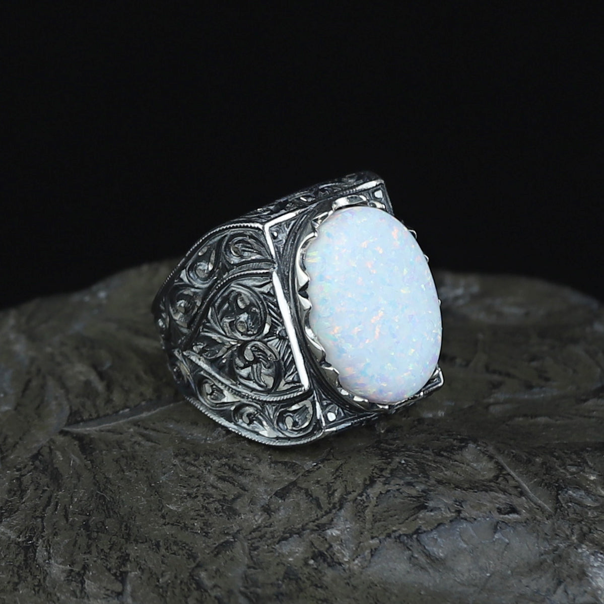 Men Handmade Natural White Opal Gemstone Engraved Ring