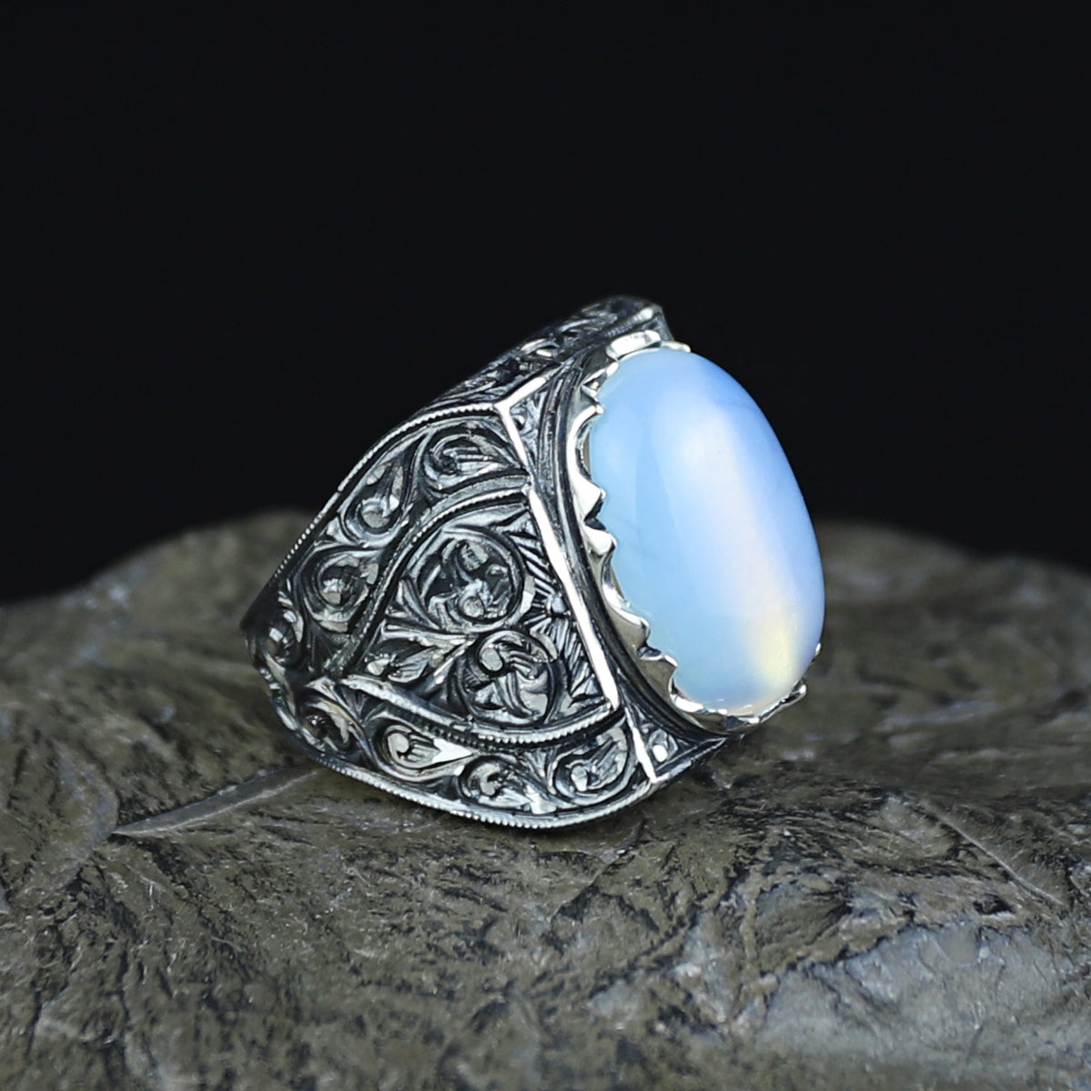 Men Handmade Moonstone Engraved Gemstone Silver Ring