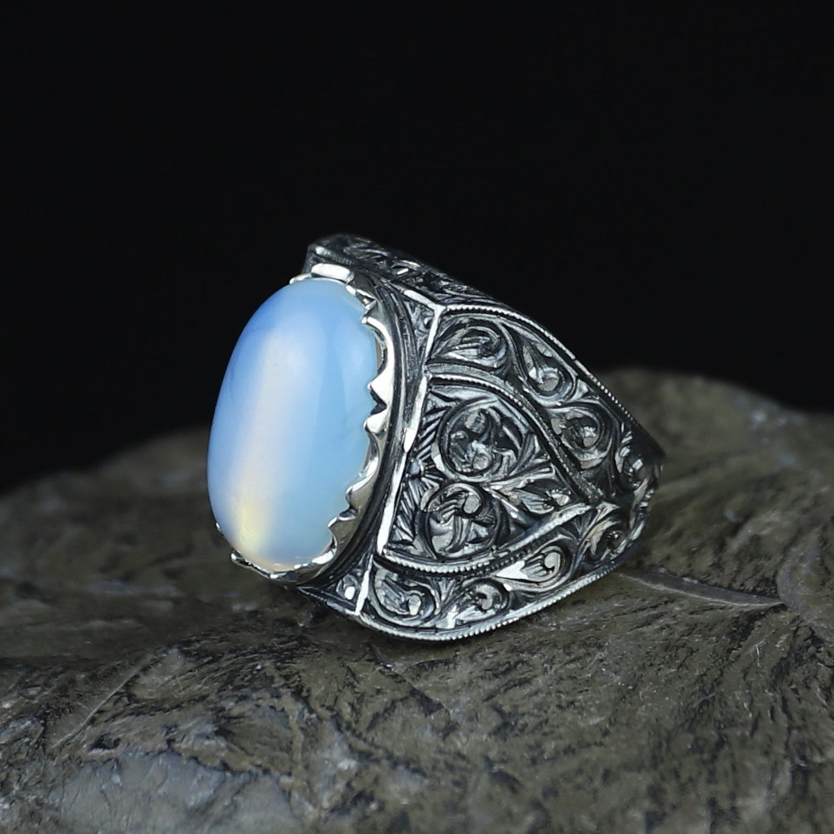 Men Handmade Moonstone Engraved Gemstone Silver Ring