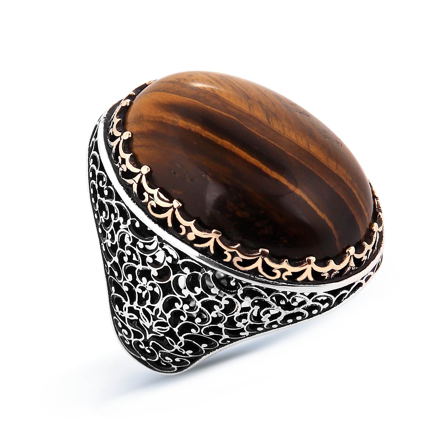 Silberner handgefertigter großer Tigerauge-Edelsteinring